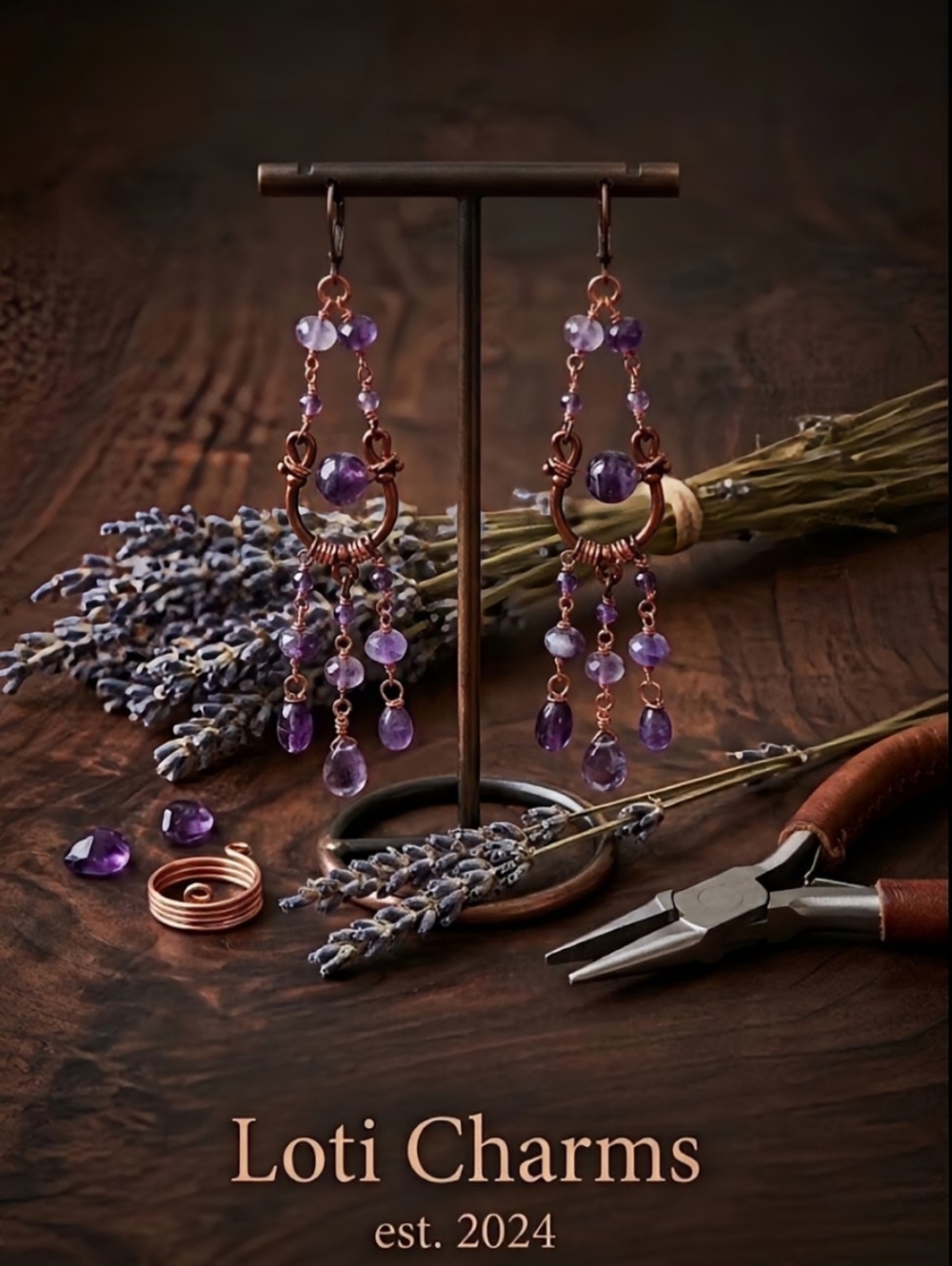 Natural Amethysts In Handcrafted Artisan Chandelier In Antique Copper Earrings - Picture 2 of 10